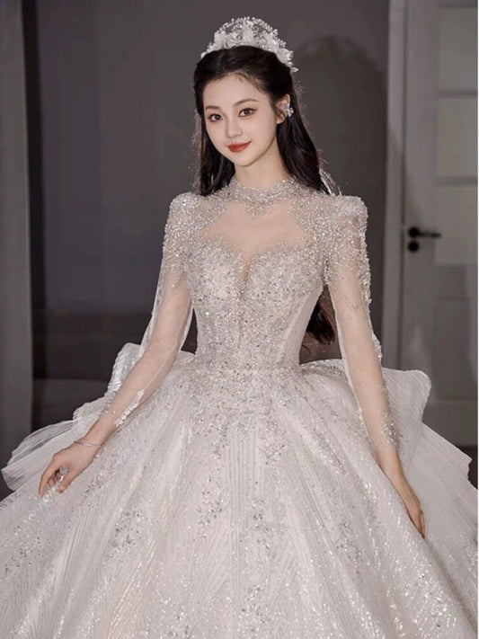 Primary Wedding Dress 2024 Bride New Arrival French Advanced Texture Pregnant Women Heavy Industry Vintage Court Style Trailing Long Sleeves Good Vibrations