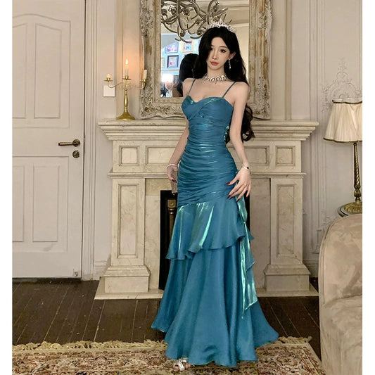 French style Senior Touching Yuji Blue Fishtail Guest dresses Women Summer Temperament Royal Sister Waist Hugging Slimming Sling Dress Good Vibrations