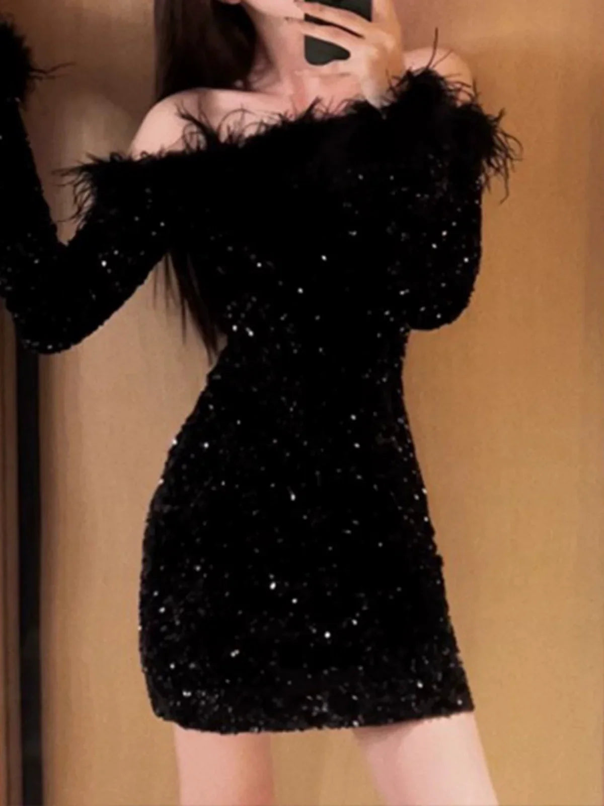 -Shoulder Sequin Sexy Dress for Birthday Party Nightclub