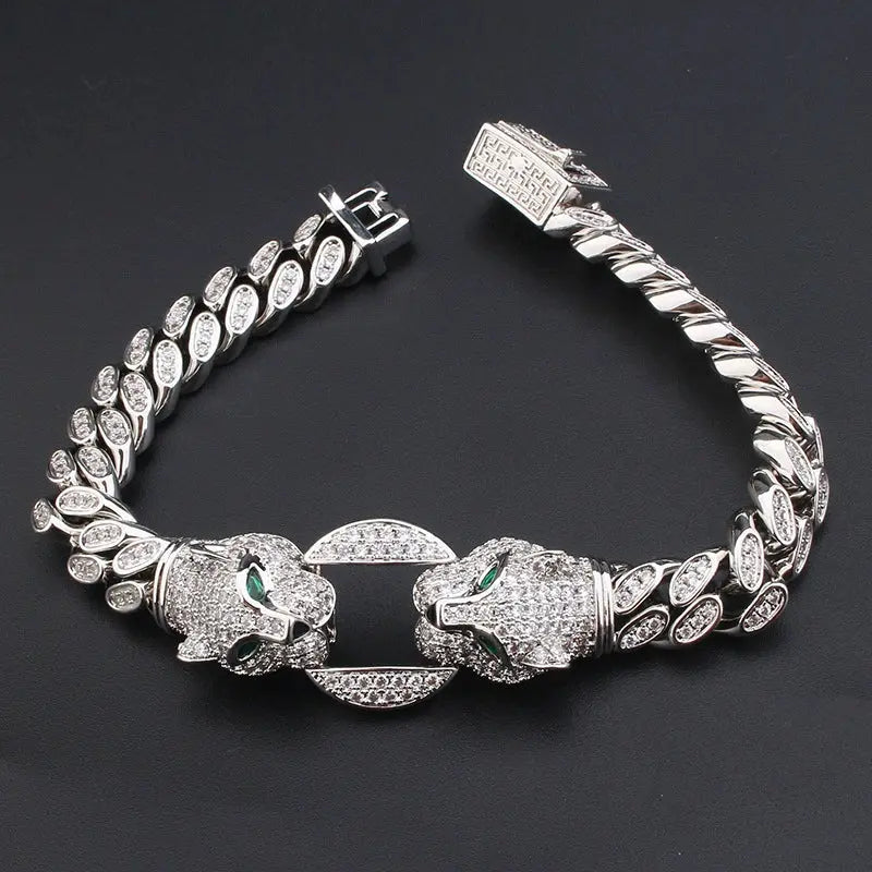 Double Leopard Head Bracelet Men White Gold Color Ponytail Woven Rhinestone-Encrusted Jewelry Stylish Fashion European and American Style Domineering Good Vibrations