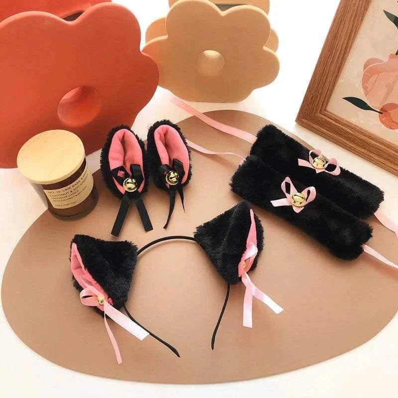 Black and pink cute princess cosplay cat ear headband, paw gloves, and slippers set with ribbon and bell accents