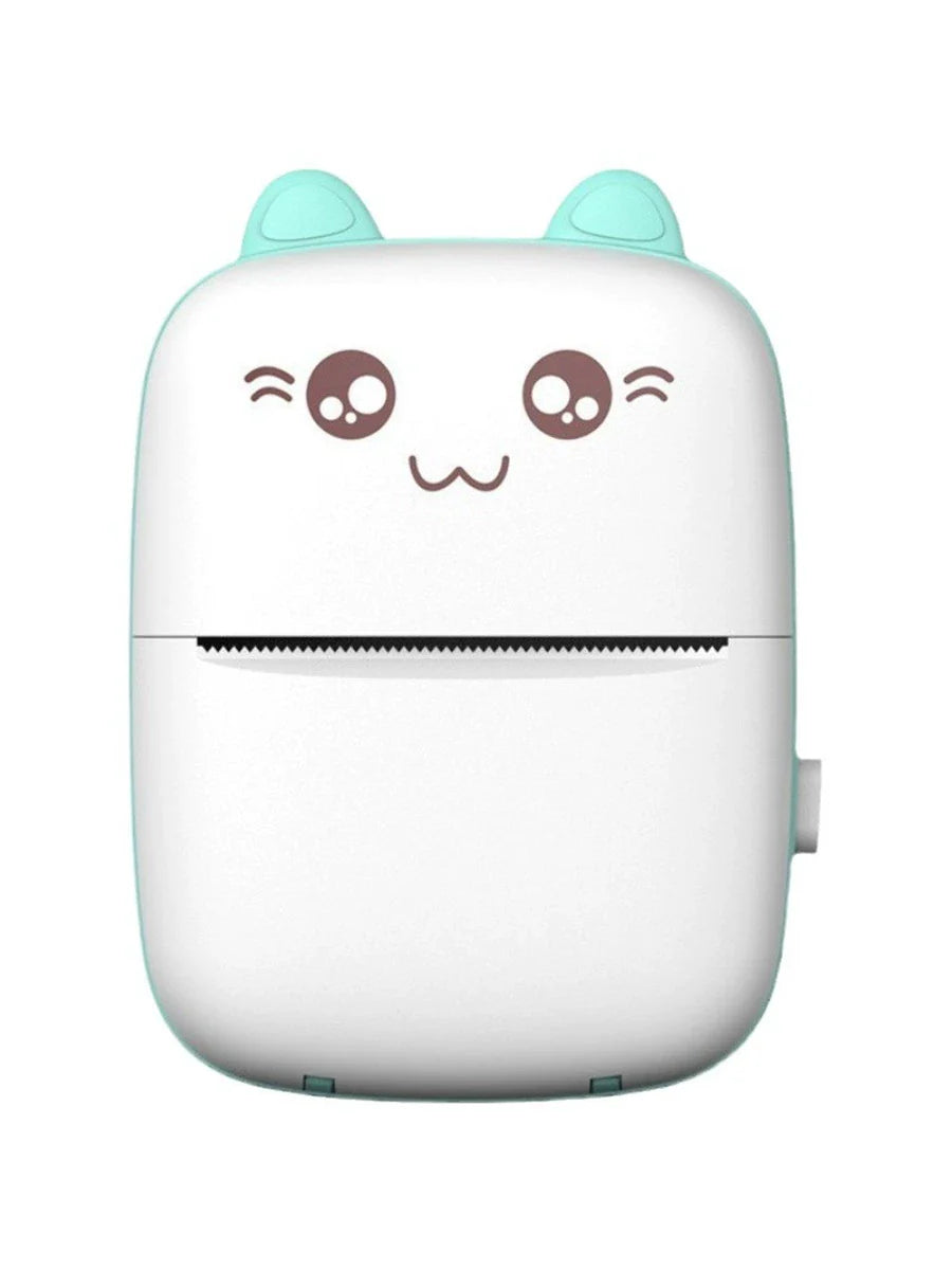 Cute portable thermal error printer with cat ears and smiling face design, Bluetooth and USB connectivity, 58mm thermal photo paper printing.
