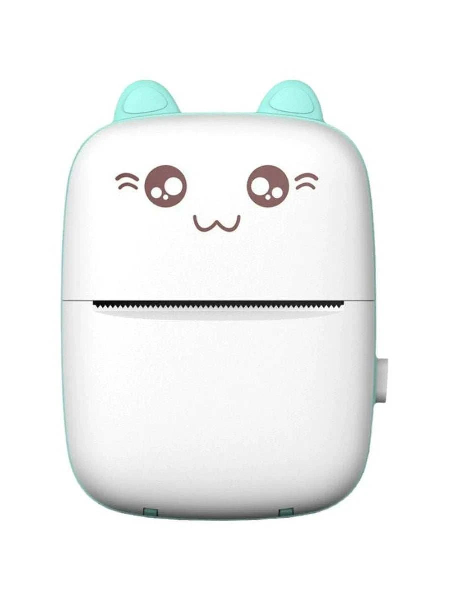 Cute portable thermal error printer with cat ears and smiling face design, Bluetooth and USB connectivity, 58mm thermal photo paper printing.