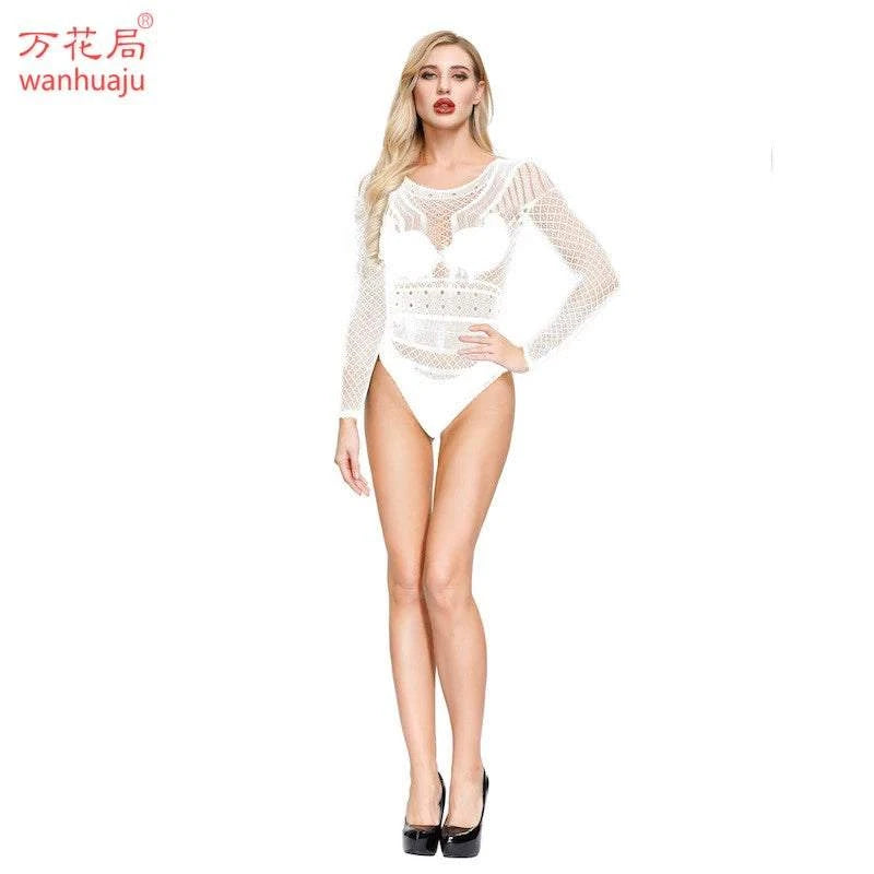 Sexy European and American Sexy Jacquard Long-Sleeved Jumpsuit Mesh Stockings GOOD Vibrations