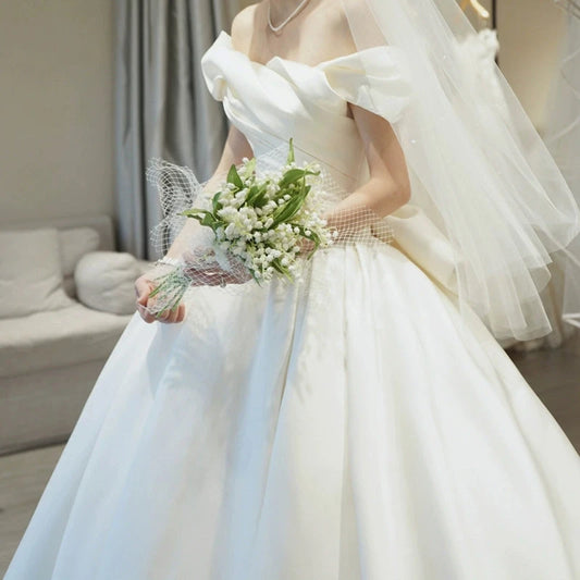 off-Shoulder Main Wedding Dress Small Satin 2023 New Arrival Bride Going out Main Yarn Vintage Satin Satin Palace Style Main Yarn Good Vibrations