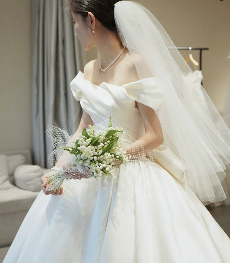 off-Shoulder Main Wedding Dress Small Satin 2023 New Arrival Bride Going out Main Yarn Vintage Satin Satin Palace Style Main Yarn