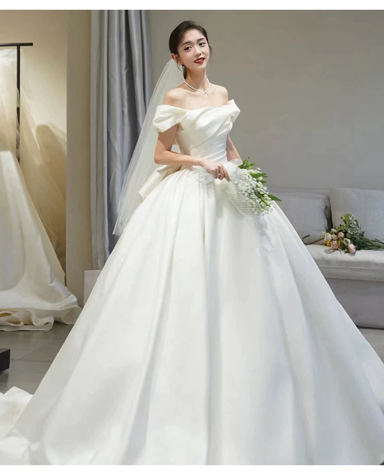 off-Shoulder Long Trailing Maternity Satin Main Wedding Dress Good Vibrations