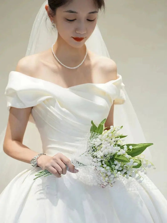 off-Shoulder Long Trailing Maternity Satin Main Wedding Dress Good Vibrations