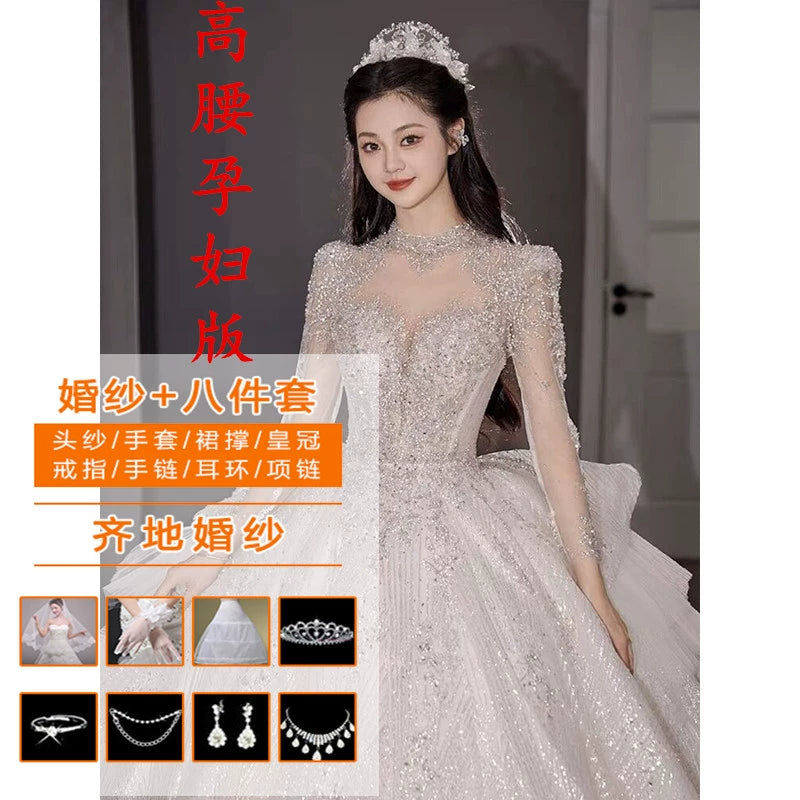 Primary Wedding Dress 2024 Bride New Arrival French Advanced Texture Pregnant Women Heavy Industry Vintage Court Style Trailing Long Sleeves Good Vibrations