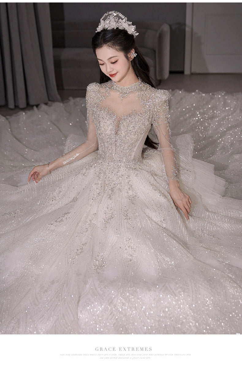 Long Sleeves Main Wedding Dress 2024 Bride New Arrival French Princess on the Run Pregnant Women Small Winter Long Tail Wedding Veil Good Vibrations