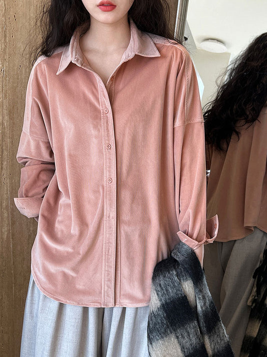 Lushi Japanese-Style Minimalist Thickened Brushed Corduroy Shirt for Women 2025 Autumn Inner Layering Base Shirt 3378 Good Vibrations