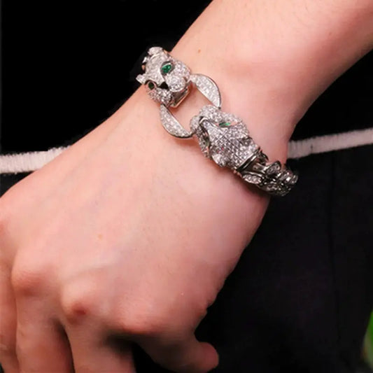 Double Leopard Head Bracelet Men White Gold Color Ponytail Woven Rhinestone-Encrusted Jewelry Stylish Fashion European and American Style Domineering Good Vibrations