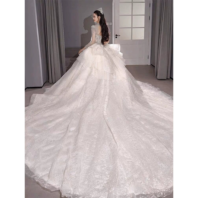 Primary Wedding Dress 2024 Bride New Arrival French Advanced Texture Pregnant Women Heavy Industry Vintage Court Style Trailing Long Sleeves Good Vibrations