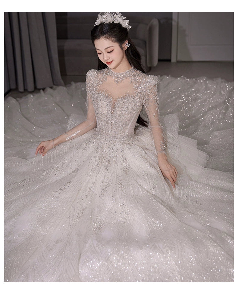 Long Sleeves Main Wedding Dress 2024 Bride New Arrival French Princess on the Run Pregnant Women Small Winter Long Tail Wedding Veil Good Vibrations