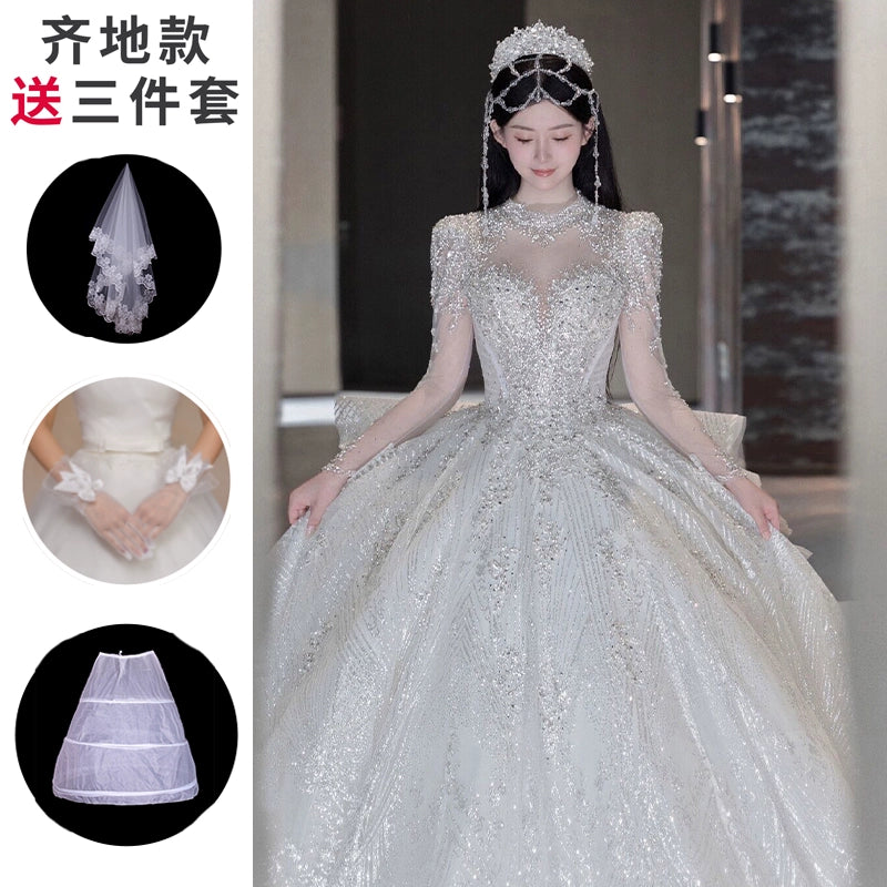 Long Sleeves Main Wedding Dress 2024 Bride New Arrival French Princess on the Run Pregnant Women Small Winter Long Tail Wedding Veil Good Vibrations