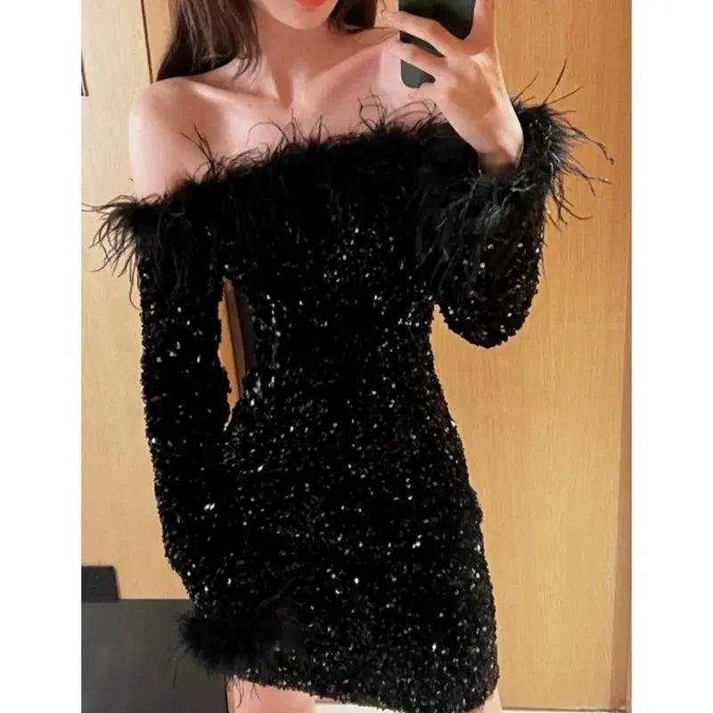-Shoulder Sequin Sexy Dress for Birthday Party Nightclub