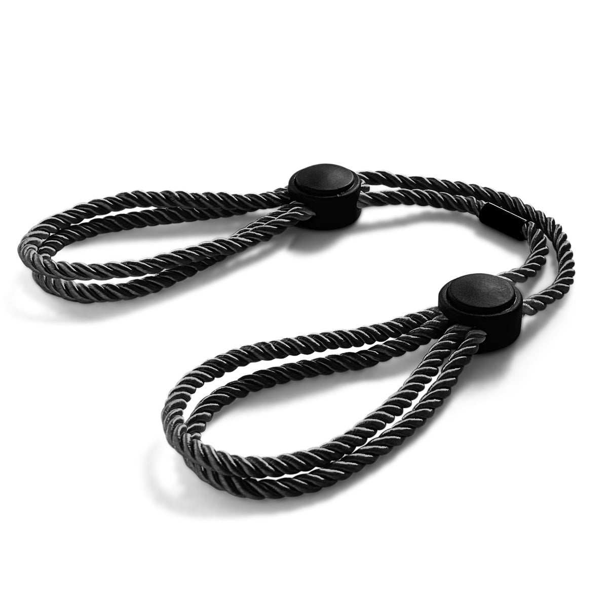 Erotic adjustable black rope handcuffs and ankle cuffs for BDSM adults.