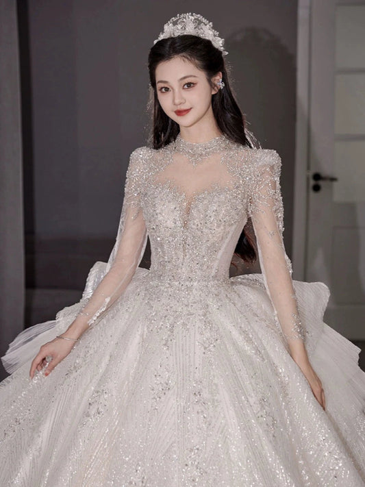 Long Sleeves Main Wedding Dress 2024 Bride New Arrival French Princess on the Run Pregnant Women Small Winter Long Tail Wedding Veil Good Vibrations