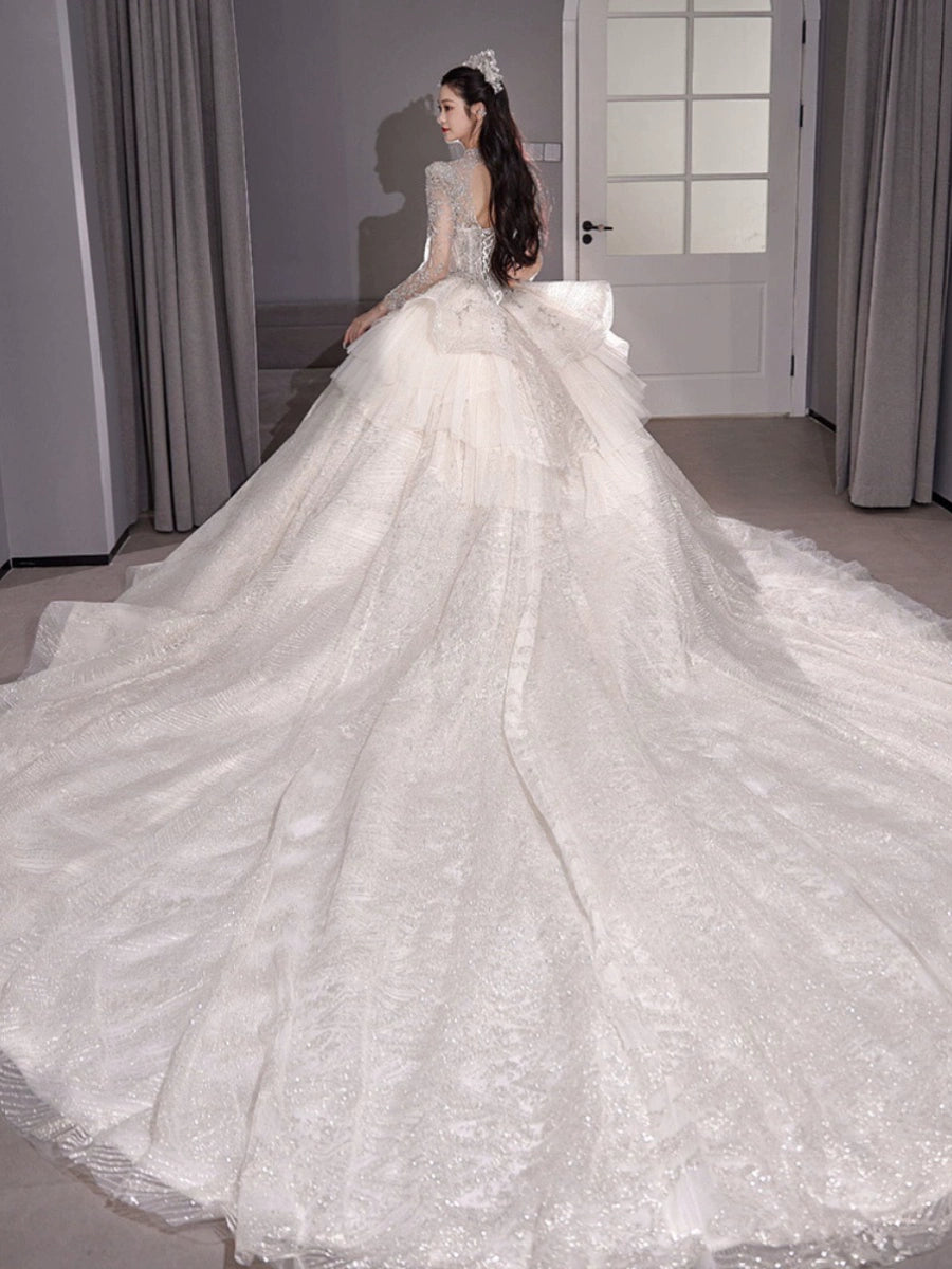 Long Sleeves Main Wedding Dress 2024 Bride New Arrival French Princess on the Run Pregnant Women Small Winter Long Tail Wedding Veil Good Vibrations