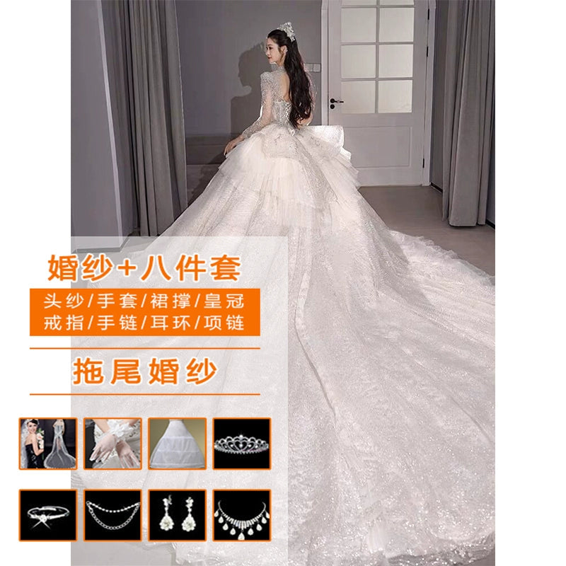 Primary Wedding Dress 2024 Bride New Arrival French Advanced Texture Pregnant Women Heavy Industry Vintage Court Style Trailing Long Sleeves Good Vibrations