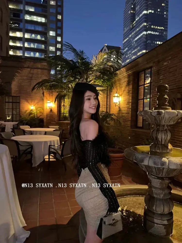 N13 SyxatnPure Desire off-Shoulder Fur Hot Drilling Tops