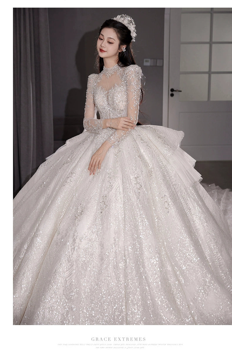 Long Sleeves Main Wedding Dress 2024 Bride New Arrival French Princess on the Run Pregnant Women Small Winter Long Tail Wedding Veil Good Vibrations