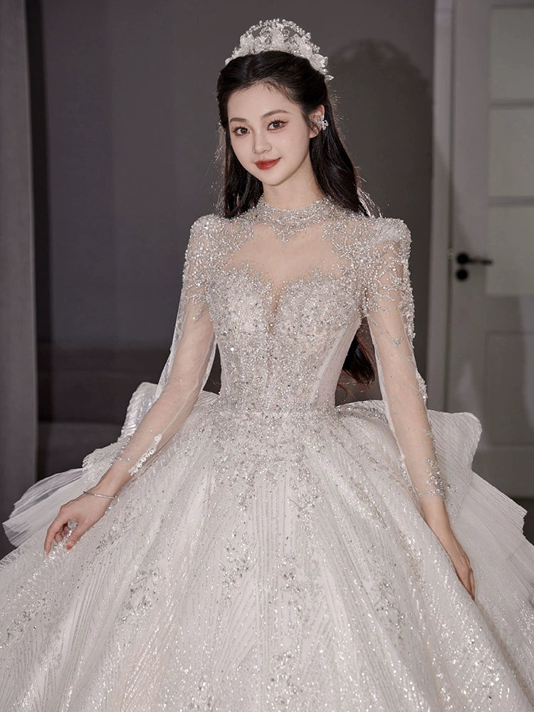 Long Sleeves Main Wedding Dress 2024 Bride New Arrival French Princess on the Run Pregnant Women Small Winter Long Tail Wedding Veil Good Vibrations