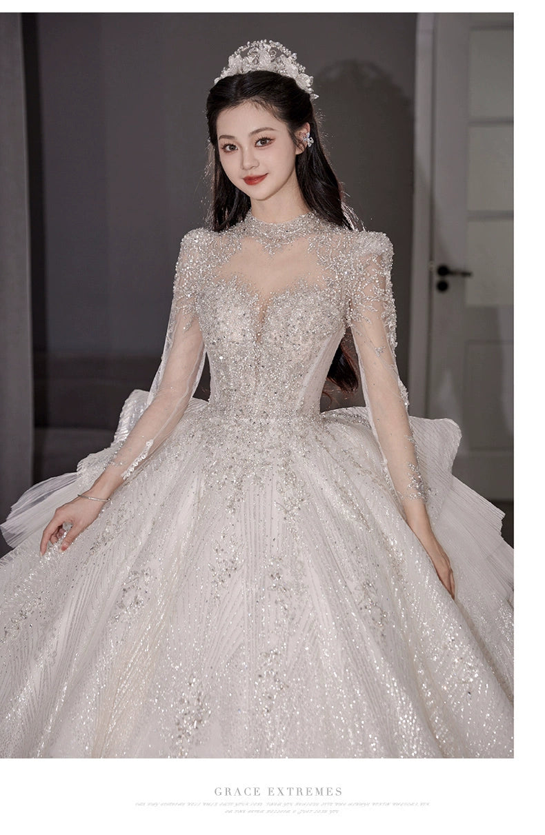 Long Sleeves Main Wedding Dress 2024 Bride New Arrival French Princess on the Run Pregnant Women Small Winter Long Tail Wedding Veil Good Vibrations