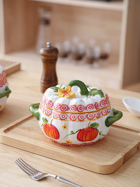 Pumpkin-Shaped Soup Bowl with Lid, Double-Handle Ceramic High-Temperature Resistant Lard Container, Can Be Stored in the Refrigerator, Large Stew Pot Good Vibrations