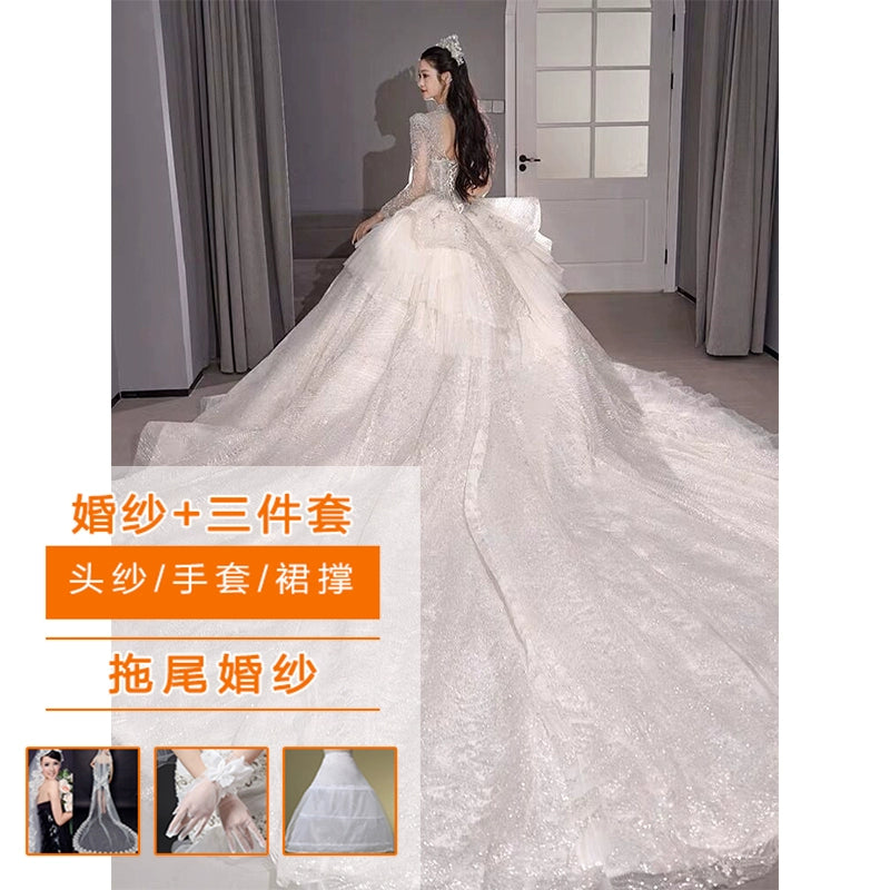 Primary Wedding Dress 2024 Bride New Arrival French Advanced Texture Pregnant Women Heavy Industry Vintage Court Style Trailing Long Sleeves Good Vibrations