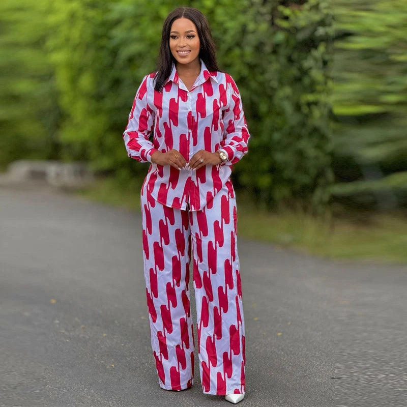 African Fashion Stripe Two Piece Set Women Spring Autumn Casual Button Long Sleeved Shirt Wide Leg Pants Two Piece Set Women Good Vibrations