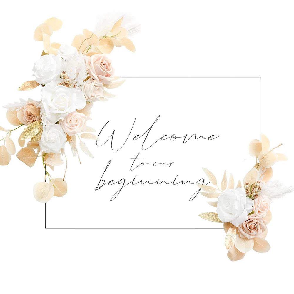 Yannew Artificial Wedding Arch Flowers Kit Boho Dusty Rose Blue Eucalyptus Garland Drapes for Wedding Decorations Welcome Sign Good Vibrations