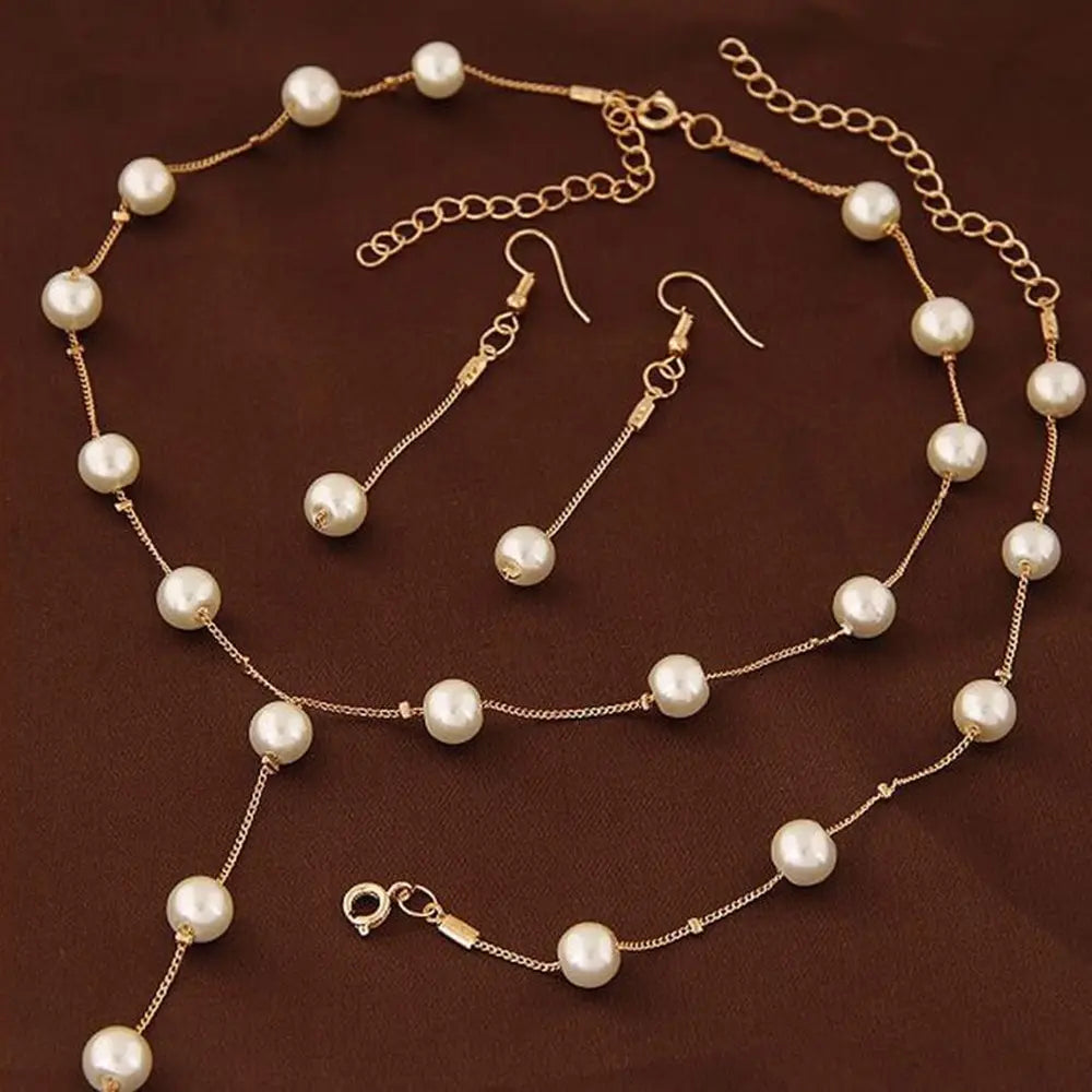 4pcs Gold-color Necklace Earring Bracelet Set Ladies Elegant Imitation-Pearls Collection Temperament Tassel Jewelry Good Vibrations Adult Super Store