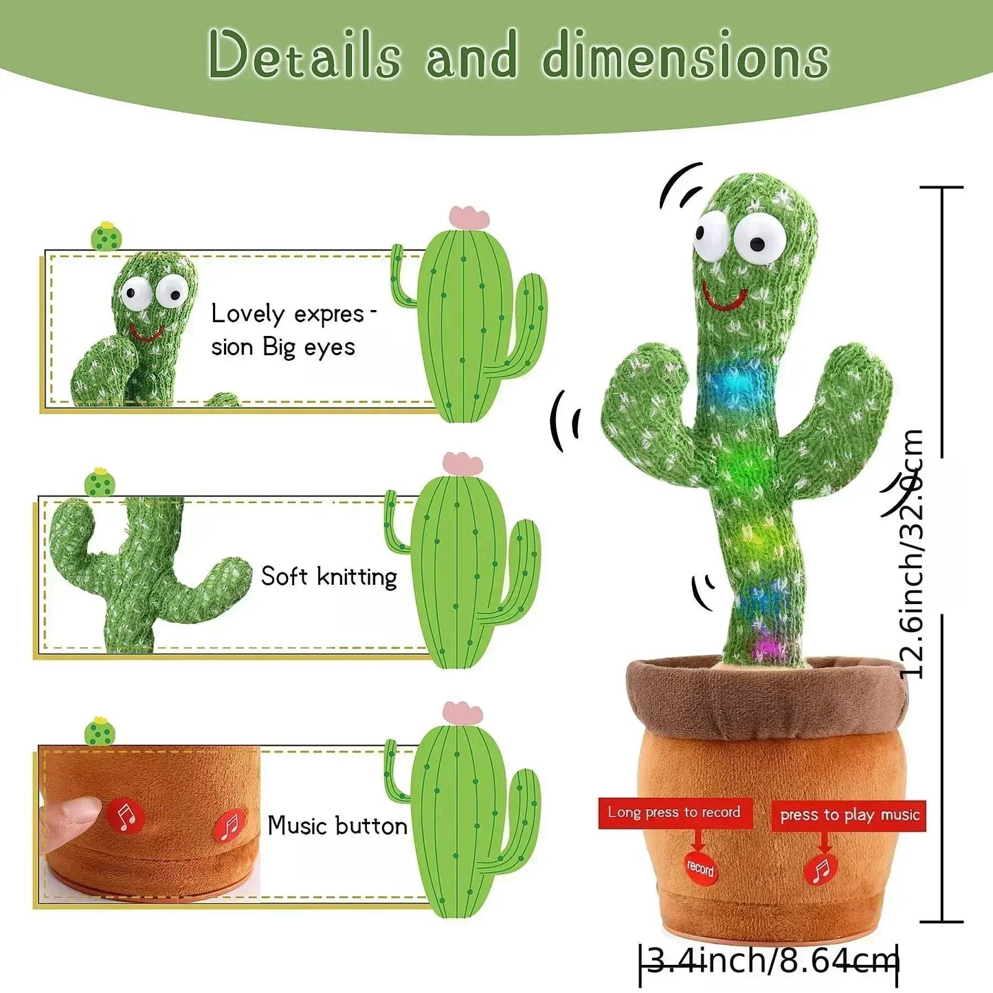 Talking Cactus Toy with LED 120 English Songs Singing Musical Toys Repeat What You Say Suitable for Babies and Toddlers Good Vibrations