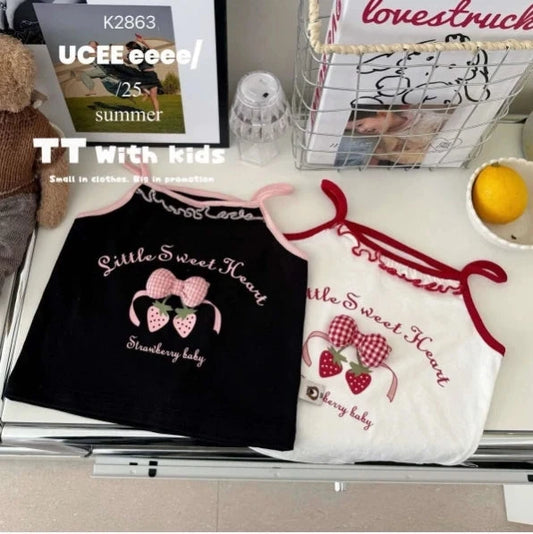 Girls T-shirt 2025 Summer New Childrens Clothing Korean Wind Girl Baby Sweet Lace Lovely Halter Vest Casual Simple Daily Good Vibrations