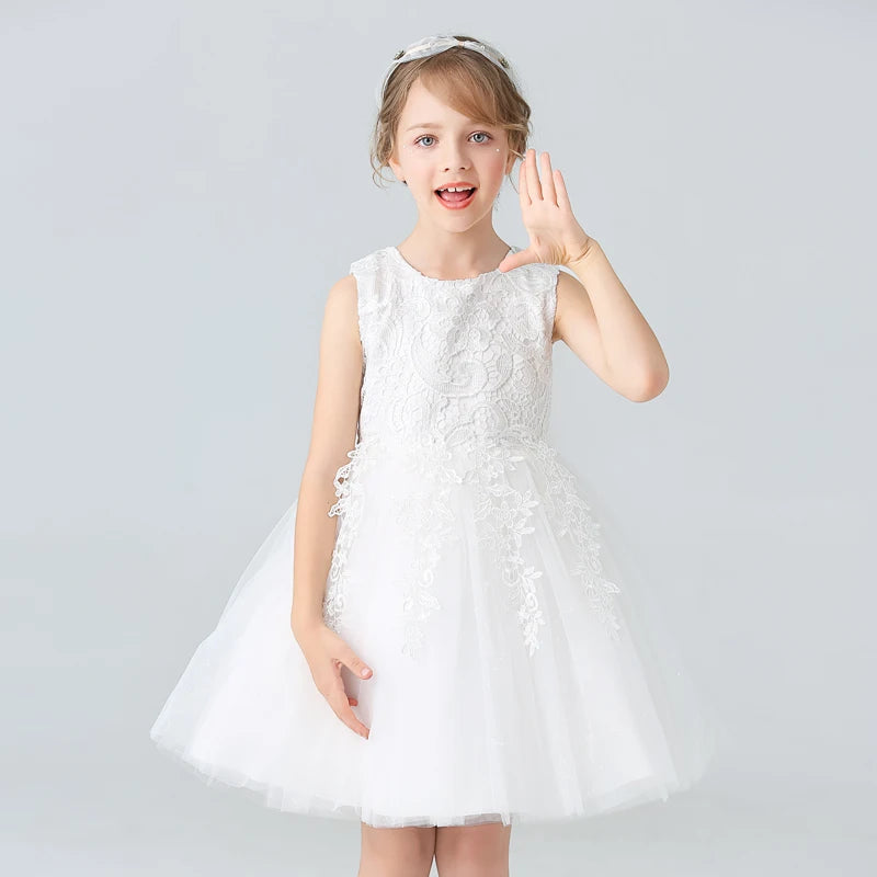 BX8991 White Lace Flower Girl Dress Bows Children's First Communion Dress Girls Sleeveless Princess Dresses Good Vibrations