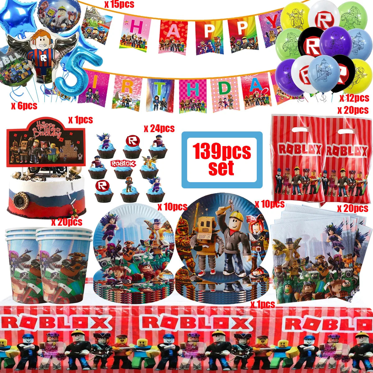 139PCS Roblox Birthday Decoration Party Kit Disposable Tableware Set Roblox Game Tablecloth Balloon Gift Bag Kids Party Supplies Good Vibrations