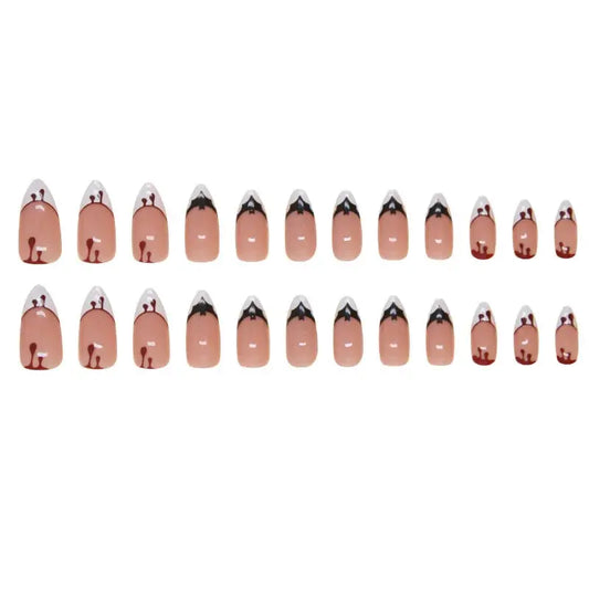 24Pcs Halloween False Nails with Almond Head Design Mid-length French Fake Nails Bat Wearable Oval Press on Nails Manicure Tools Good Vibrations