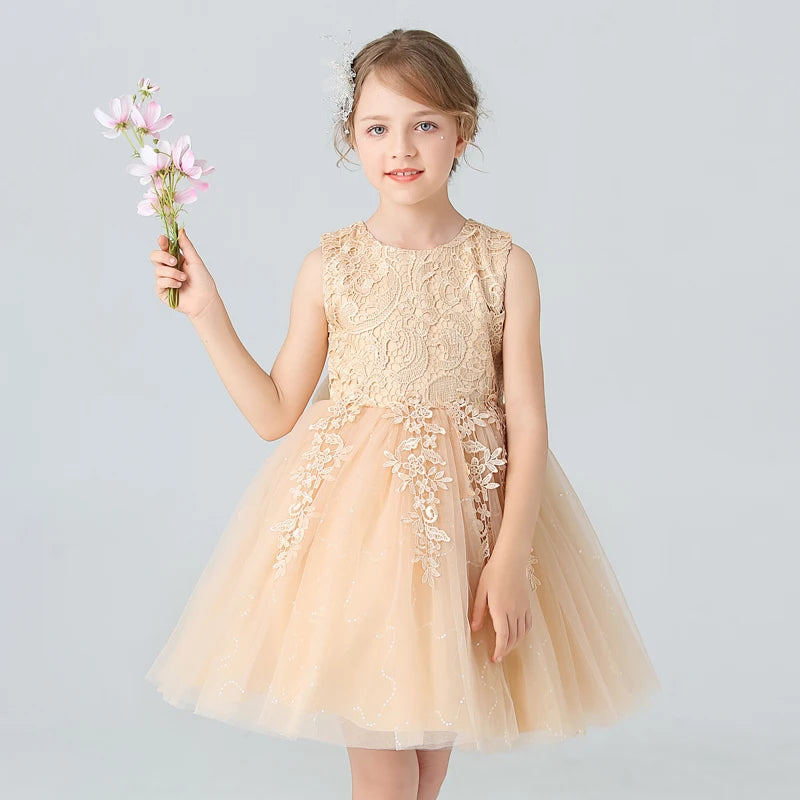 BX8991 White Lace Flower Girl Dress Bows Children's First Communion Dress Girls Sleeveless Princess Dresses Good Vibrations