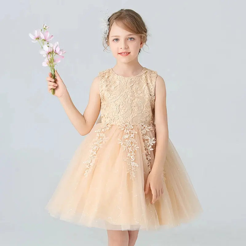 BX8991 White Lace Flower Girl Dress Bows Children's First Communion Dress Girls Sleeveless Princess Dresses Good Vibrations