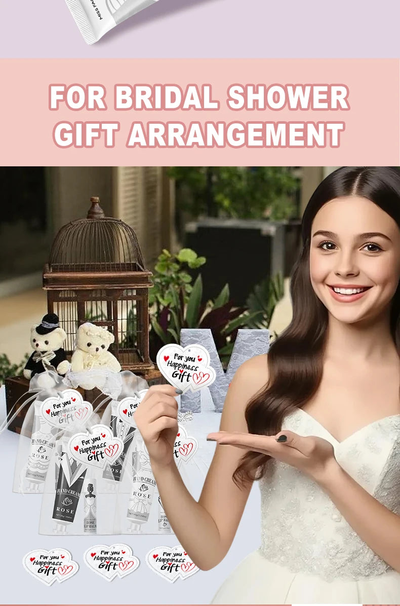 20 sets of wedding dress and suit theme gifts include hand cream, lipstick, white drawstring bag and wedding love greeting card