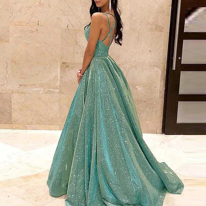 Lady Formal Occasion Glitter Sequins Dresses Sexy Elegant Backless Sleeveless Party Evening Dress New Women Waisted A-line Dress Good Vibrations