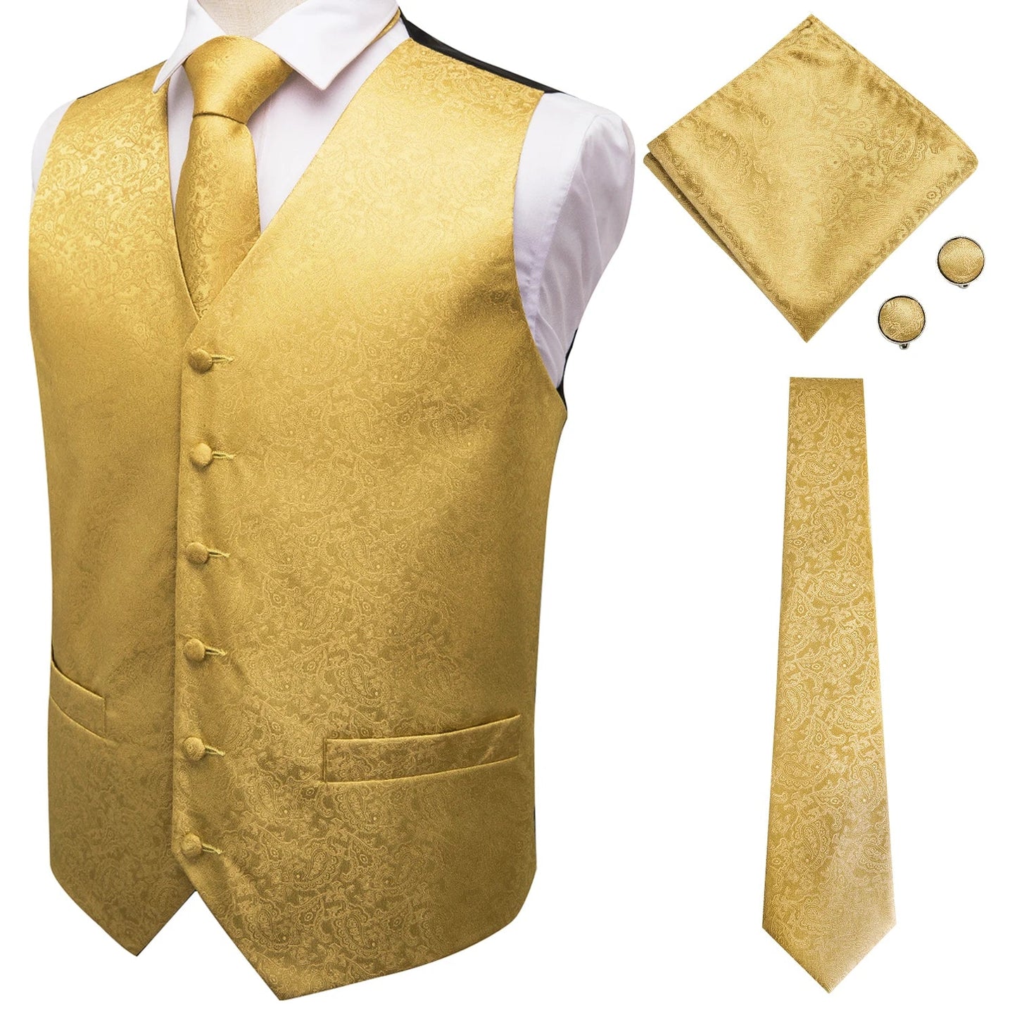 Hi-Tie Black Men Silk Vest Paisley Jacquard Necktie Hankerchief Cufflinks Sets Male Sleeveless V-Neck Waistcoat Business Formal Good Vibrations