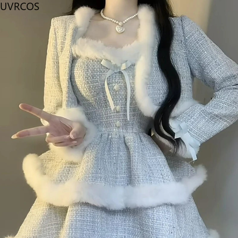 Korean Style Elegant Tweed Plaid Dress Sets Women Plush Patchwork Short Woolen Jackets Sexy Bow Mini Skirt Japanese Fashion Suit Good Vibrations Adult Super Store