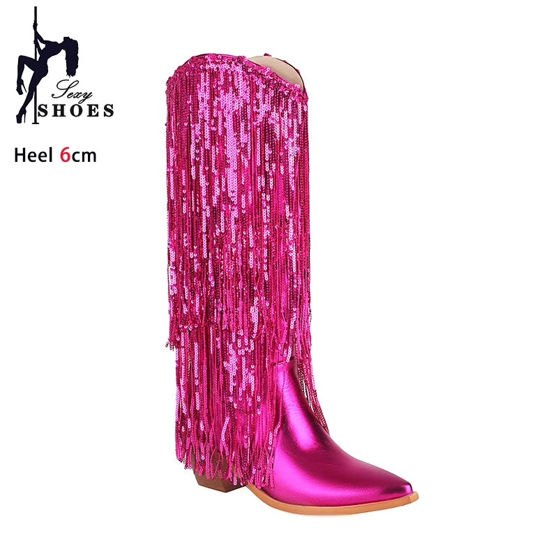 Women Western Fringe Boot 2024 New Cowgirls Blue Sequin Glitter High Heels Nightclub Club Shoes Woman Stage Show Mid-Calf Boots Good Vibrations