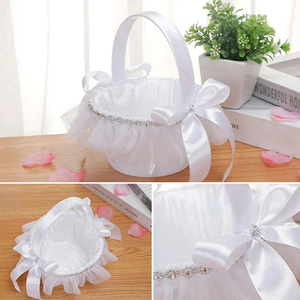 White Flower Girls Basket Simple Wedding Flower Basket  Bride Bridesmaid Hand Held Basket Wedding Ceremony Party Decorations Good Vibrations