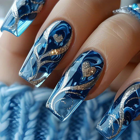 24pcs Golden Stripe Press on Nails Shiny Powder Love Design Long Square False Nails Wearable Full Cover Nail Tips Blue Fake Nail Good Vibrations