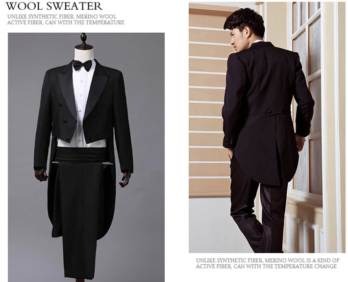 Mens Tuxedo Tailcoat Formal Dress Suits Swallow Tail Coat Navy Blue Male Jacket and Pants Party Wedding Dance Magic Performance Good Vibrations