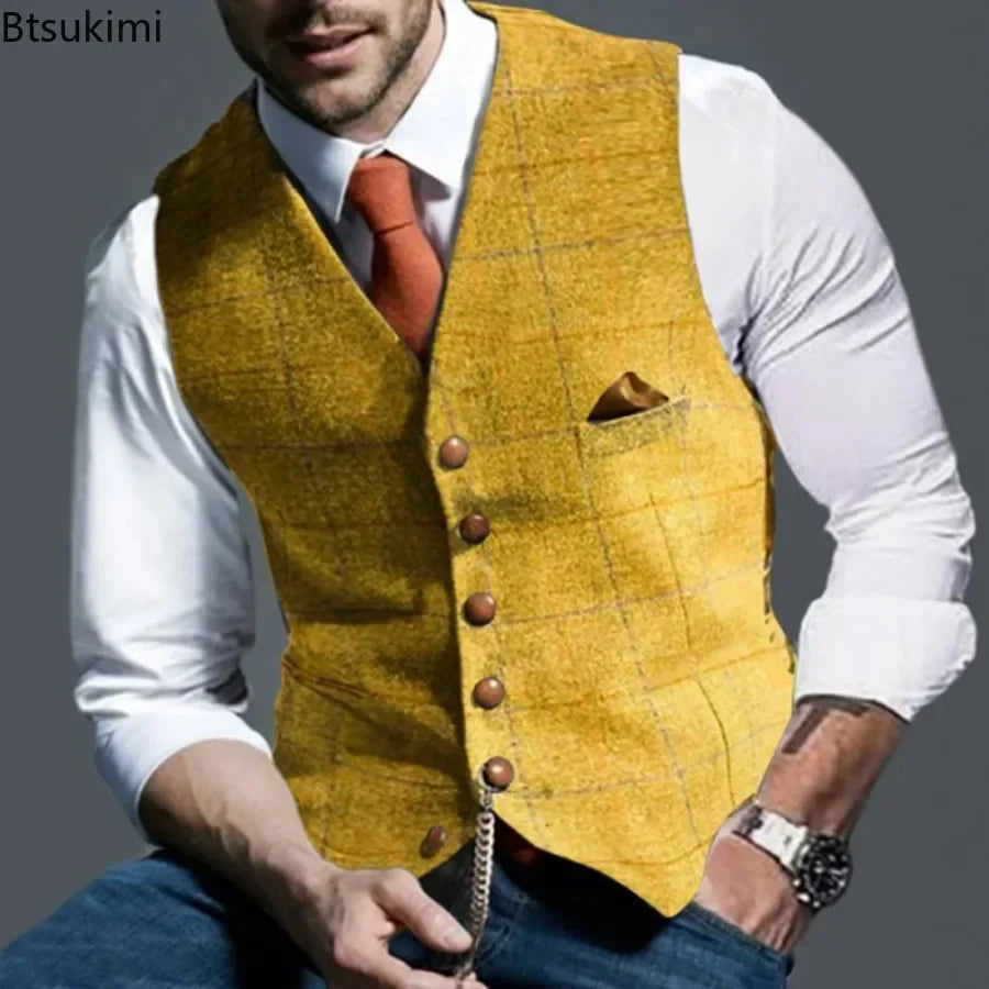 2025 Men's Formal Vests Lapel Tweed Plaid V-neck Waistcoat Slim Vest Business Formal Dress Suit Casual Wedding Tuxedo Male Vest Good Vibrations