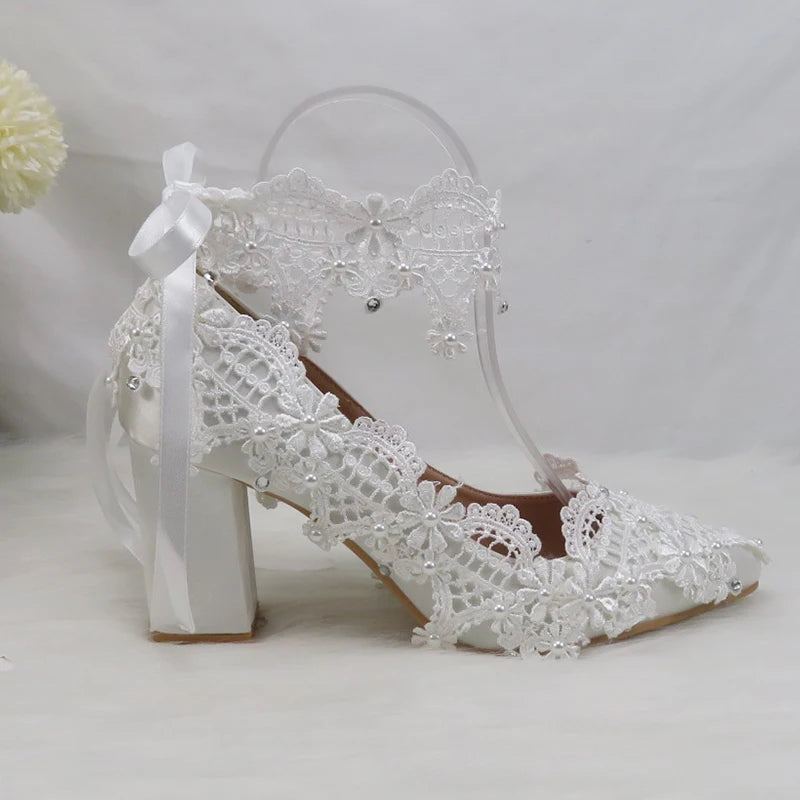 BaoYaFang New Arrival Thick Heel Pointed Toe Womens Wedding Shoes High Heels ladies fashion shoes woman White Lace ankle strap Good Vibrations